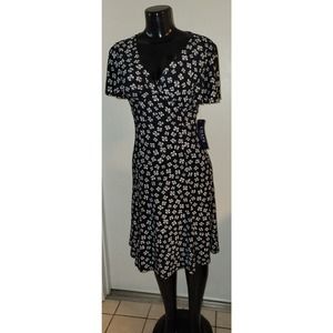 Vintage Chaps Size Small Women's Black & White Faux Wrap Knee Length Dress NWT